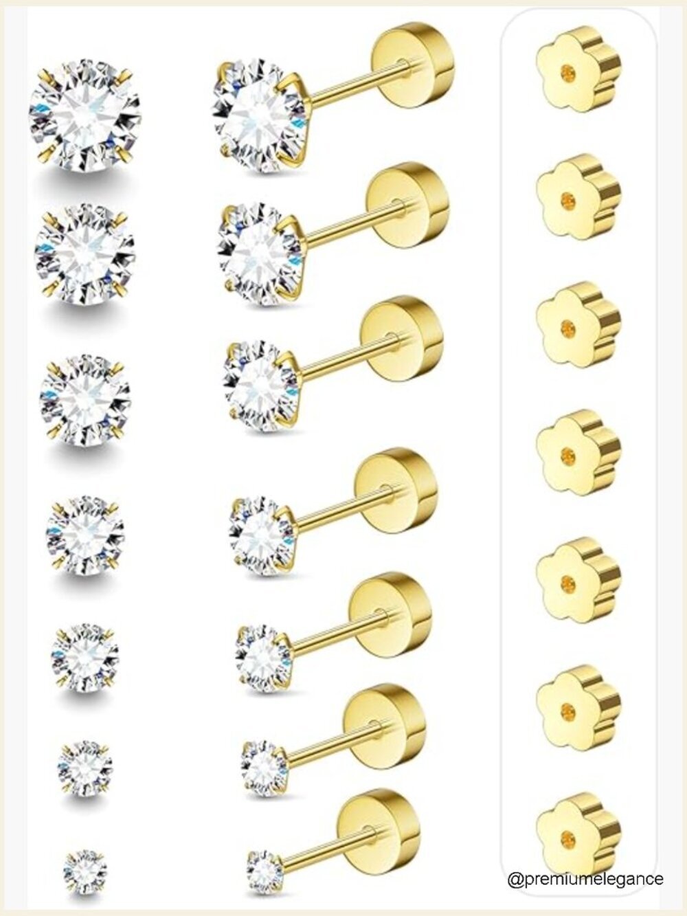 7 Pairs 20G Gold Flat Back Stud Earrings Hypoallergenic Surgical Steel CZ Stack